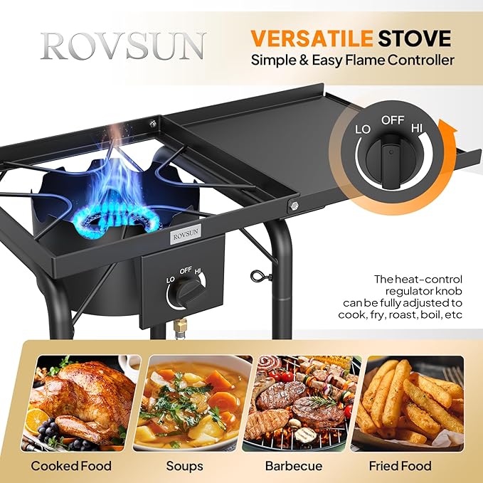 ROVSUN Single Burner Gas Stove with Side Shelf, 100,000BTU Portable Propane Stove with Removable Leg & Regulator for Camping Home Backyard Outdoor Cooking Brewing Canning Turkey Frying