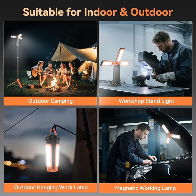 Rechargeable Camping Light with Stand 7ft Max Height, 15000mAh Portable Cordless LED Work Light, 5500 Lumen 6500/4500/3500K Dimmable Emergency Flashlight with Detachable Tripod, Orange