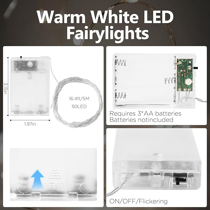 Fairy Lights Battery Operated String Lights 16.4ft 50LED Flashing and Constant Light Waterproof Silver Wire for Christmas DIY Party Bedroom Wedding (White, 8 Pack)