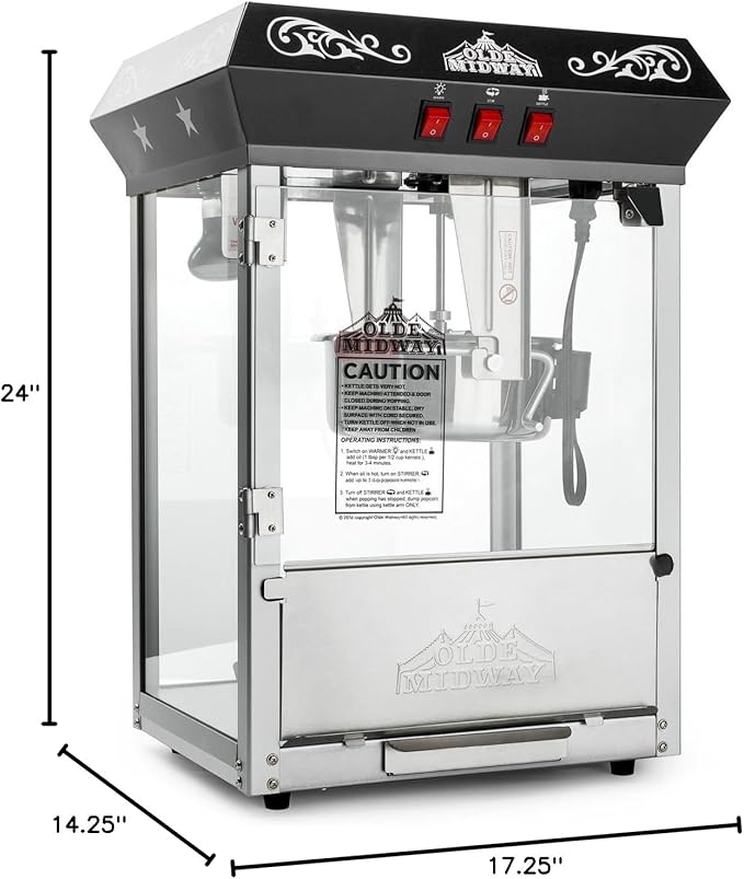 Olde Midway Bar Style Popcorn Machine Maker Popper with 8-Ounce Kettle - Black