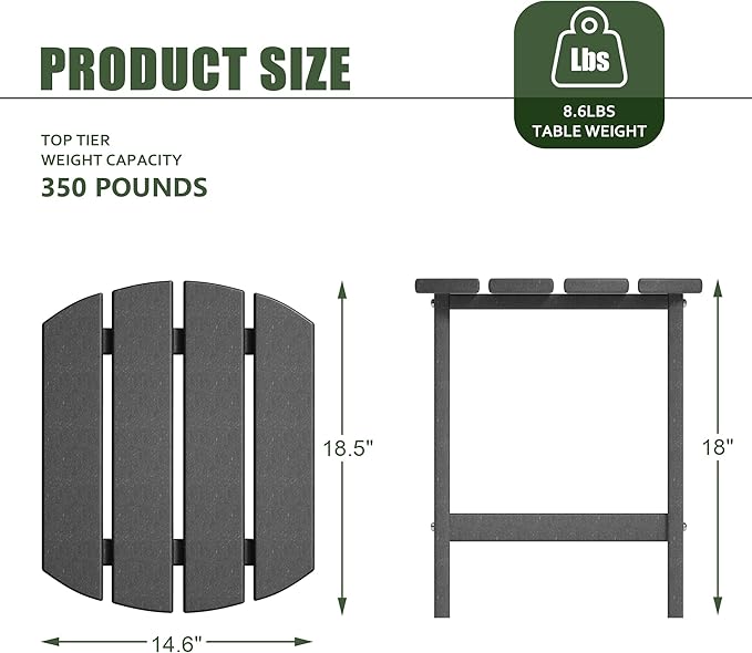 TORVA Patio Adirondack Side Table, Outdoor End Tables All-Weather Resistant HDPE Humidity-Proof Long Time Use for Deck, Lawn,Garden, Porch, Backyard End Table（Gray Color-1 Tier）