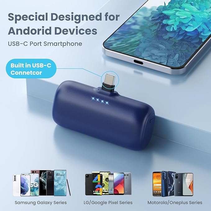 Mini Portable Charger for iPhone 16/15 Series,5200mAh 3A PD USB C Fast Charging Power Bank, Ultra-Compact Cell Phone Battery Pack for iPhone 16/16Plus/15/15Pro Max,Galaxy,Android,Moto,LG,iPad-Sea Blue