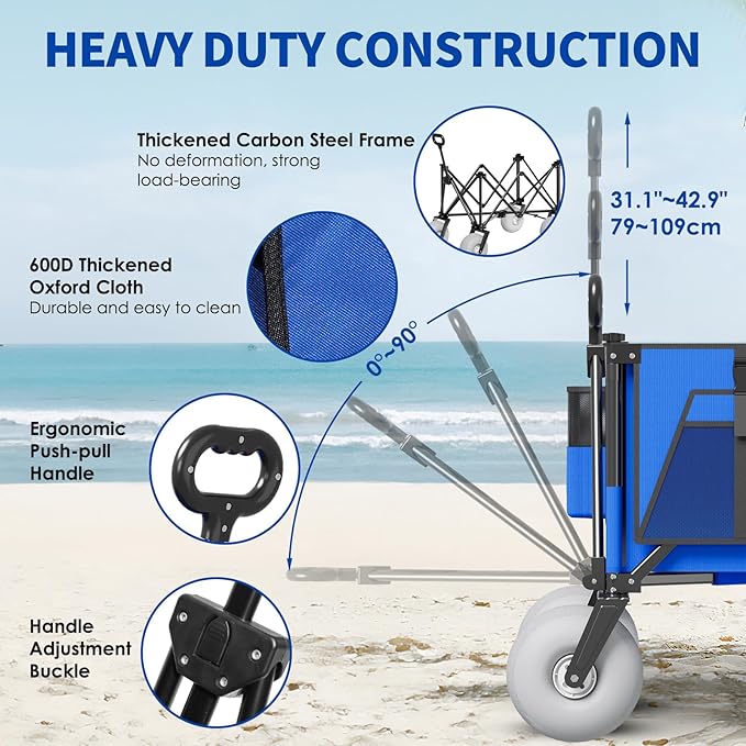 Beach Wagon with Big Wheels for Sand - 450lbs Load Heavy Duty Wagons Carts Foldable with 9" All Terrain Inflatable Tires, Collapsible Beach Cart for Grocery Shopping Garden Sports Camping Outdoor