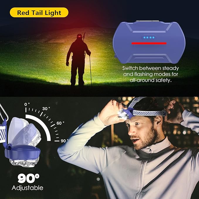 Rechargeable Headlamp, High Lumen Bright 5 LED Head Lamp with Red White Light,IPX4 Waterproof Headlight,8 Mode Head Flashlight for Outdoor Running Hunting Fishing Hiking Camping Gear-Blue