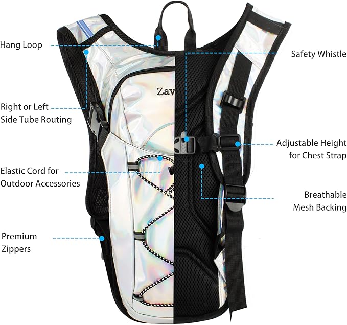Reflective Hydration Backpack, Hydration Pack - Water Backpack with 2L/3L Hydration Bladder, Essential for Festivals - Rave Hydration Pack for Hiking, Running, Cycling, and Festivals