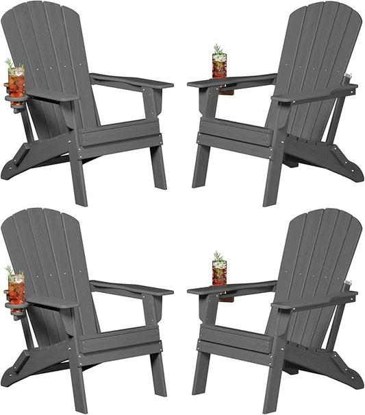 Folding Adirondack Chair, SGS Tested, Wooden Textured with Cup Holder, Heavy All-Weather HDPE Comfortable Set Poolside Backyard Lawn Grey Set 4