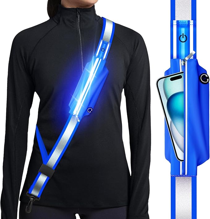 Reflective Sash Gear for Walking at Night,LED Reflective Belt Safety Lights,Lights for Night Dog Walking,High Visibility Type-C Rechargeable with Phone Holder for Men Women