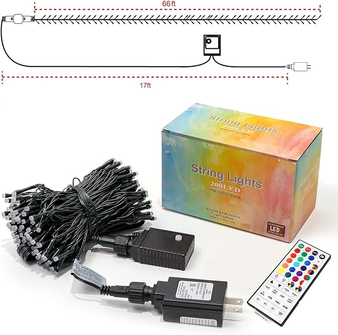 HOME LIGHTING 66ft Christmas Decorative Mini Lights, 200 LED RGB Changing 8 Functional Green Wire Fairy Halloween Lights with Remote Timer, Plug in Indoor Outdoor Xmas Wedding Party Decor