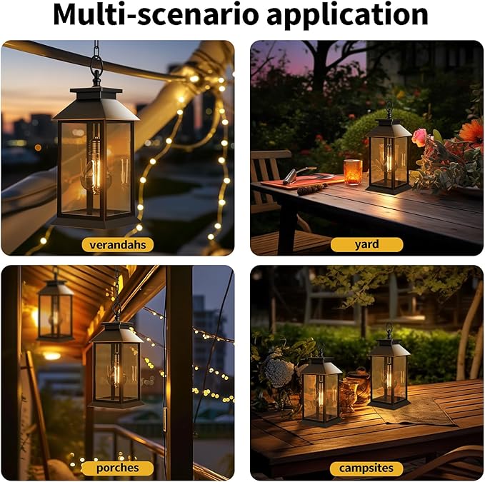 2 Pack Hanging Solar Lanterns Glass Solar Lights Outdoor Waterproof Upgraded Solar and 2 AA Batteries Powered, for Outside Porch, Patio and Indoor Tables, Mantelpiece
