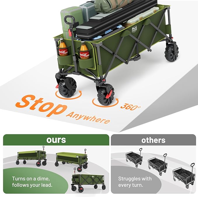 TIMBER RIDGE 51.2" Extended Collapsible Wagon - Heavy-Duty Utility Cart with All-Terrain Wheels, Brakes & Cargo Net, 400L Capacity for Camping, Sports & Shopping, Green