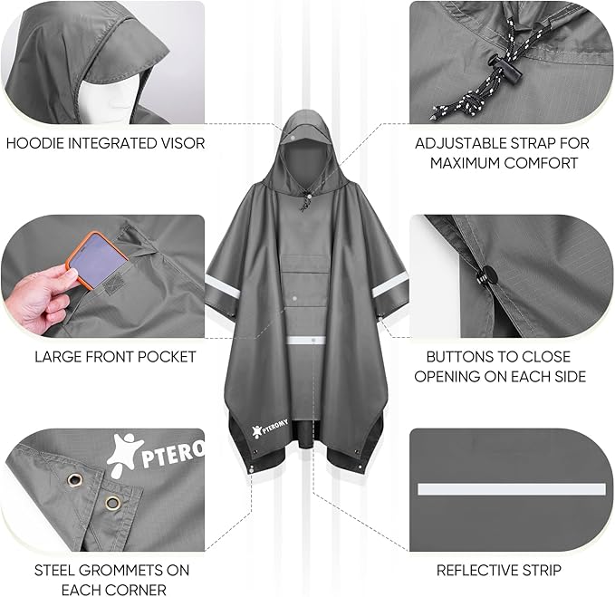 PTEROMY Hooded Rain Poncho for Adult with Pocket, Waterproof Lightweight Unisex Raincoat for Hiking Camping Emergency