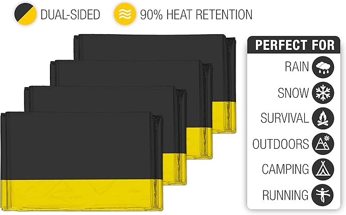 Swiss Safe 4 Pack Mylar Emergency Blankets for Survival - Compact & Insulated for Cold Weather - Designed for NASA, Outdoor, Running, Camping, Survival, First Aid Car Kit - Black & Gold, 4 Pack