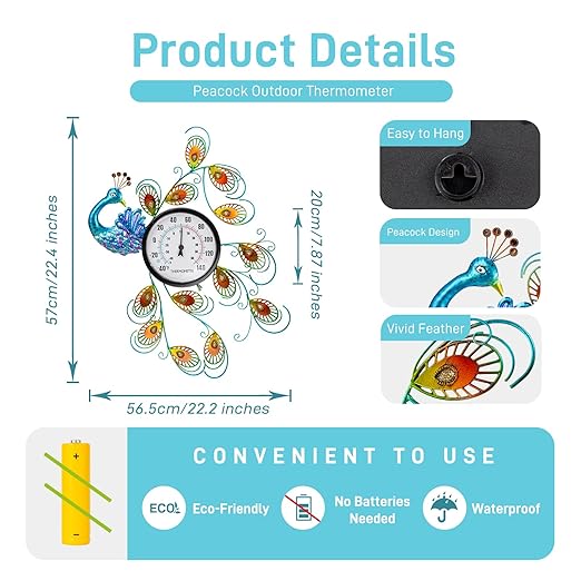 23 inch Outdoor Thermometer, Large Thermometer Outdoor Waterproof, Peacock Decorative Outdoor Thermometers, Outside Thermometer for Patio, Garden, Backyard, Living Room