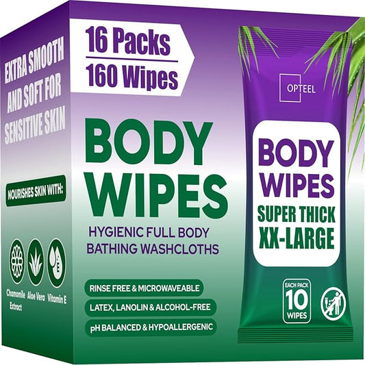 Thick & Large Body Wipes for Adults Bathing No Rinse – Shower Wipe, Ideal for Men, Women & Elderly – Soft & Gentle, Travel Wipes Perfect Alternative to Shower – 16 Packs (160ct)