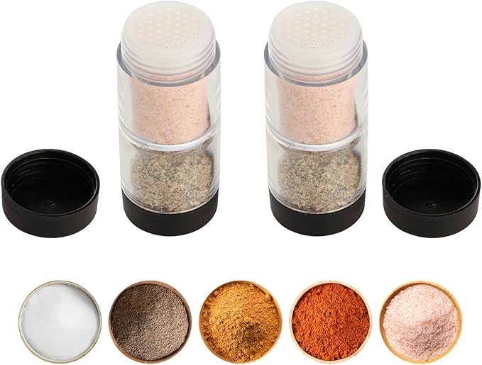 Sunmei Salt and Pepper Shakers Moisture Proof Set, 2-in-1 Portable Spice Shaker with Airtight Lid, Perfect for Camping Kitchen, Travel, Car Camping, RV, Outdoors, Backpack, BBQ Picnic, Lunch Boxes (2)