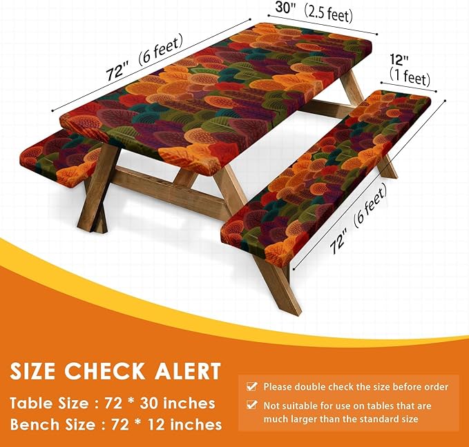 Picnic Table Cover with Bench Covers Elastic Edges, Fall Tree Fitted Table Cover, Outdoor Patio Camping Essentials 72 Inch 3PCS, Waterproof Camping Fitted Tablecloth with Drawstring Bag