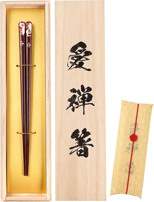 Nemuri Neko Hand-Painted Chopsticks, Traditional Aizu Maki-e Craft, Natural Wood, Wakasa Lacquer Finish Wood Gift Box Made in Japan (Red)
