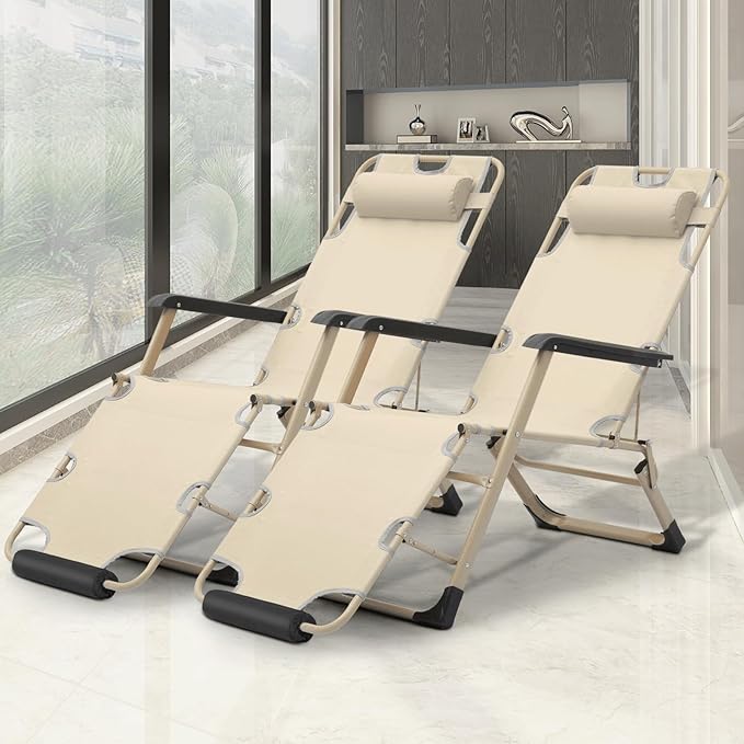 MoNiBloom Set of 2 Folding Reclining Patio Chairs, 3-Position Patio Lounger Folding Chairs with Footrest for Backyard Poolside Lawn, Cream, 330lbs Capacity