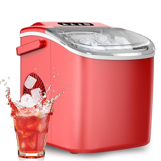 Ice Maker Countertop, Efficient Easy Carry Ice Machine, Self-Cleaning Ice Maker with Ice Scoop & Basket, 9pcs/ 8mins 26.6Lbs Per Day for Home/Office/Kitchen,RED