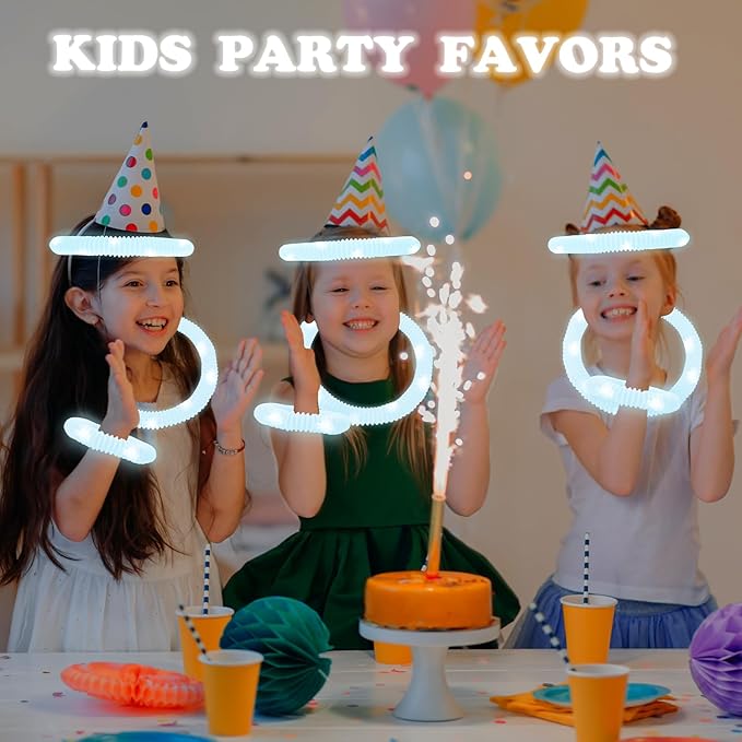 White Glow Sticks Party Favors for Kids 24 PCS,LED Light up Pop Tubes for Toddlers, Neon Necklaces Bracelets Accessories, Glow Birthday Wedding Dance Party Supplies Camping Toys Decorations