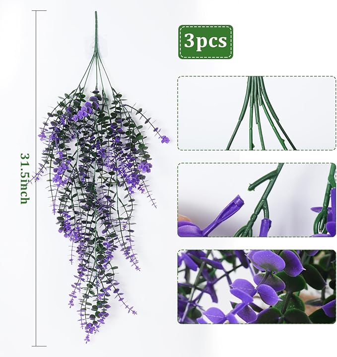 RECUTMS Artificial Plants Fake Eucalyptus Plants Faux Hanging Leaves Green Plant Artificial Hanging Plant for Indoor Home Room Kitchen Table Outdoor Patio Garden Yard Decor(Purple)