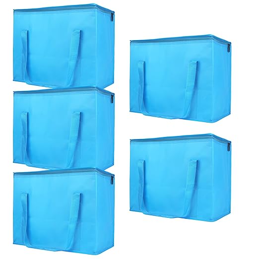 Bodaon 5-Pack Cooler Insulated Food Delivery Bag, Thermal Hot Pizza，X-Large Bags With Top Zippered for Grocery/DoorDash/Catering/Shopping, Large Cold and Frozen Door Dash Accessories, XL Tote, Blue