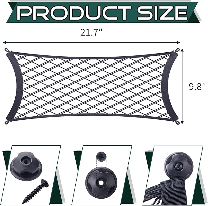 JINGKE 2 Pcs Small Cargo Net Pocket Elastic Mesh Netting Car Mesh Pouch with Screws and Hooks for Trunk RV Boats Home Cargo Storage (21.7'' x 9.8'')