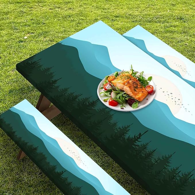 CAPSCEOLL Elastic Picnic Table Cover with Bench Covers 5Ft Waterproof Fitted Picnic Table Cover Cloths for Outdoors Camping Tablecloth with Drawstring Bag, 60X30in, Green Mountain