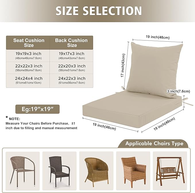 Outdoor Chair Cushions, Waterproof Outdoor Cushions for Patio Furniture w/Fade-Resistant, Removable & Machine-Washable Covers, 19x19 Inch, Ideal for Seat in Gardens/Porch – Set of 4, Cream