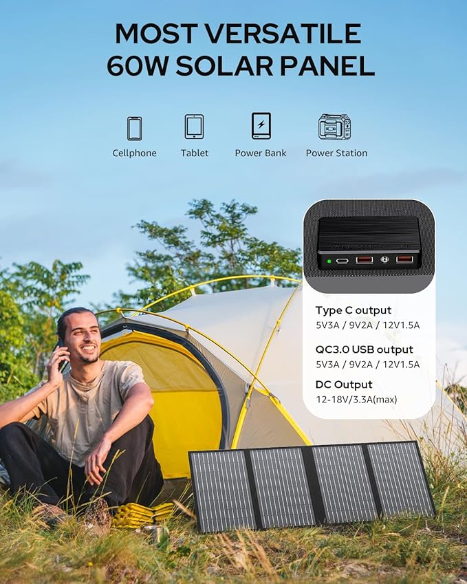 60W Portable Solar Panels, Foldable Solar Panel Charger for Portable Power Station(Under 500W), with Adjustable Kickstands, DC 18V Output, USB 3.0 and Type-C Ports for Camping Van RV Trip