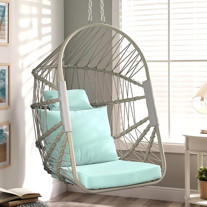 YITAHOME Hanging Egg Chair Without Stand, Rattan Wicker Swing Egg Chair with Resistant Cushion, 350lbs Capacity, Foldable Hanging Basket Chair for Porch, Garden, Bedroom, Balcony - Sky Blue