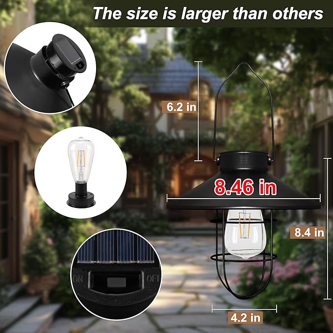 pearlstar Solar Lantern Outdoor Hanging Light- Waterproof Vintage Metal Solar Lantern Light with Warm White Edison Bulb Decorative for Patio, Backyard, Porch, Yard
