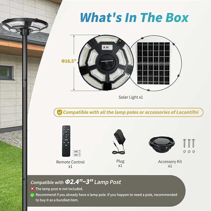 Outdoor Lamp Post Light with Motion Sensor, Solar Powered, IP65 Waterproof, Dusk to Dawn, 750-LED Pole Light Fixture with Remote and DC Port for Indoor Outdoor Lighting(Includes Plug)