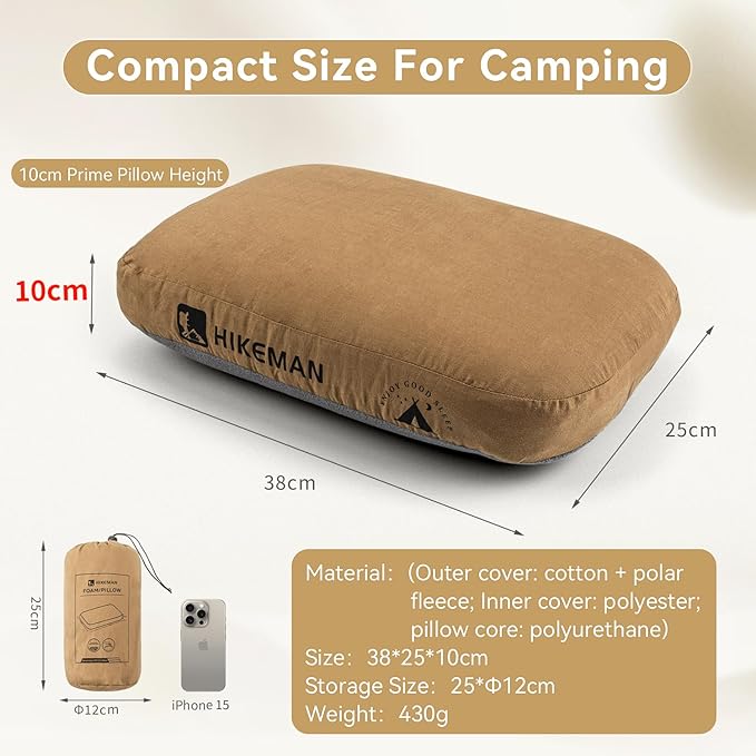 HIKEMAN Camping Memory Foam Pillow - Ultralight Travel Pillow,Backpacking Pillow with Removable Cover,Ergonomic Pillows,Neck Lumbar Support for Outdoor Camp,Sport,Hiking,Backpacking Sleep (Brown)