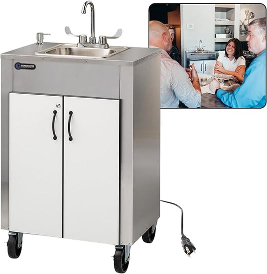 Ozark River Portable Sinks Elite LS1, Free Standing Portable Concession Sink, Commercial Restaurant Portable Sink with Hot Water, Stainless Food Service Sink, White Doors-Black Edges