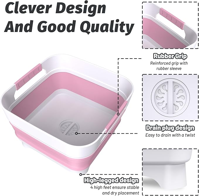 Collapsible Dish Basin, 9L Capacity, Portable Sink for Kitchen, Camping, RV, Gray (Pink)