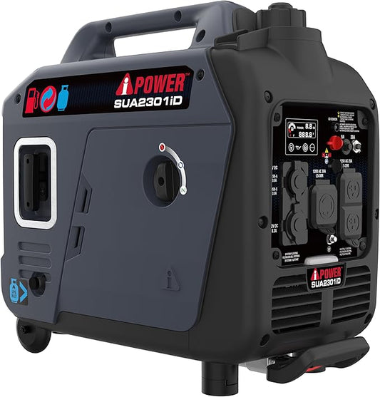 A-iPower 2300-Watt Portable Inverter Generator Dual Fuel, RV Ready, CARB Compliant CO Sensor, Light Weight With Telescopic Handle For Backup Home Use, Tailgating & Camping (SUA2301iD)