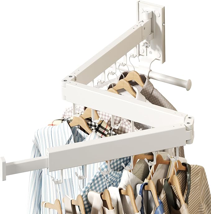 Wall Mounted Clothes Hanger,Clothes Drying Rack,Laundry Drying Rack,Clothes Rack Wall Mount,Drying Rack Clothing,Retractable,Collapsible,can Fold Upward & Left & Right (Upgrade-White)