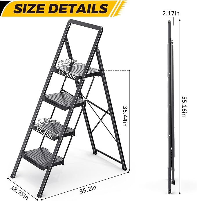 KINGRACK 4 Step Ladder 800lb Capacity, Folding Step Stool with Wide Anti-Slip Pedal & Safety Handrails, Lightweight Steel Ladder for Kitchen, Pantry, Office, Black