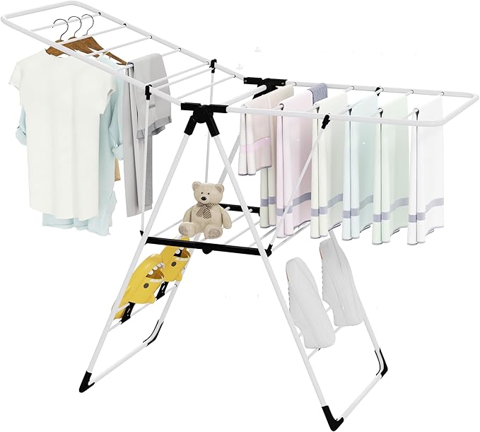Tangkula Clothes Drying Rack, Collapsible Laundry Rack with Hanging Rods, Shoe Hangers, Adjustable Gullwing and Foldable Design for Space-Saving, Stainless Steel Clothing Shelf