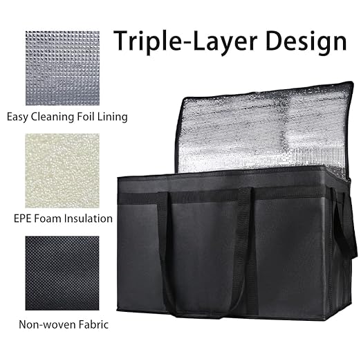 Bodaon 5-Pack Cooler Insulated Food Delivery Bag for Doordash/Uber Eats, XXX-Large Thermal Bags for Catering/Hot Pizza, Travel/Camping/Picnic Basket，Grocery Reusable Warmer Frozen, Black With Bottom