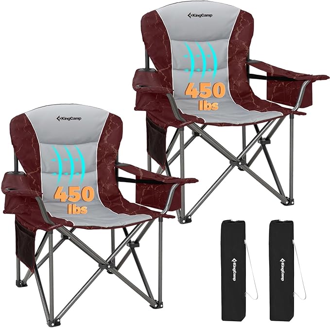 KingCamp Oversized Camping Folding Chair, Heavy Duty 450 LBS with Lumbar Support, Padded seat with Cup Holder&Cooler Bag, Ideal for Camp, Fishing, Sports Event, Backyard, Patio, Lawn