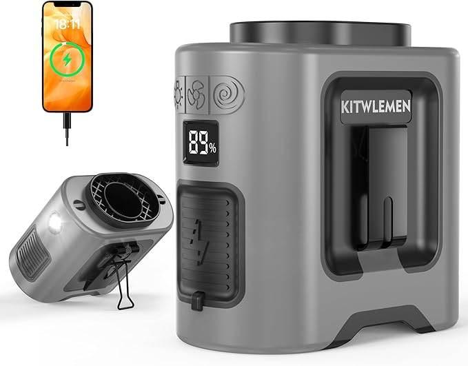 KITWLEMEN 14500mAh Portable Waist Fan - Personal Clip on Belt Fan, 5 Speed 67H Cooling, Rechargeable Battery Operated, Wearable with Lanyard & Light for Camping, Travel, Jobsite (Gray)