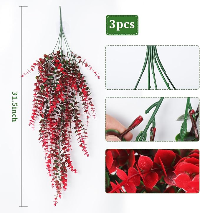 Hanging Artificial Plants Fake Vine Hanging Eucalyptus Leaf Plant Artificial UV Resistant Hanging Green Plant Faux Plants Hanging Wall Decor Outdoor Front Door Yard Garden Porch Decorations(Red)