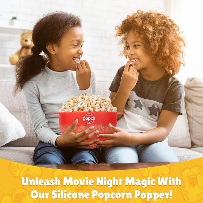 POPCO Silicone Popcorn Maker - Microwave Popcorn Popper - Collapsible Bowl, Heat-Resistant, Easy to Clean, Ideal for Family Movie Nights, 15-Cup Capacity - Transparent Red