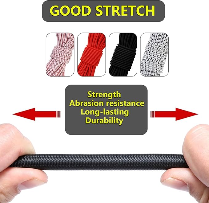 Tent Pole Shock Cord 1/8 inch 60ft, Replacement Shock Cord for Tent Rod, Tent Pole Repair Kit, Elastic Bungee Cord,Elastic Cord with Lead Wire/Washers/Clip (White/Red)