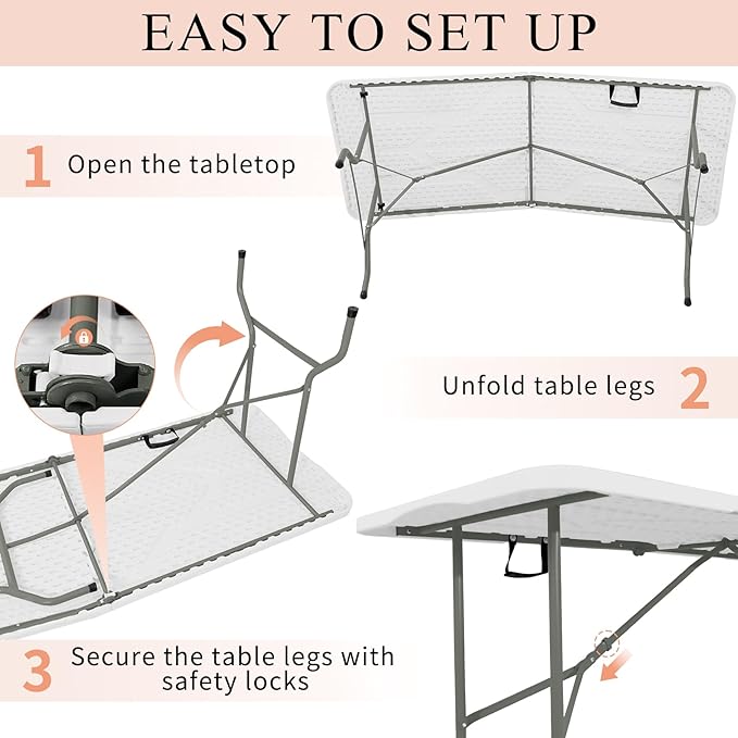 Set of 2 Folding Tables with Carrying Handle Lightweight Rectangular Portable Plastic Camping Table Steel Legs for Party, Dining, Wedding, Events, Picnic Indoor, Outdoor (6FT, White)
