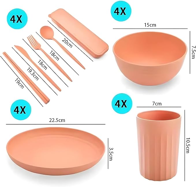 Unbreakable Wheat Straw Dinnerware Set for 4 (32 PCS) – Microwave & Dishwasher Safe – BPA-Free – Lightweight Plates, Bowls & Cups for Camping, Kids & Everyday Use