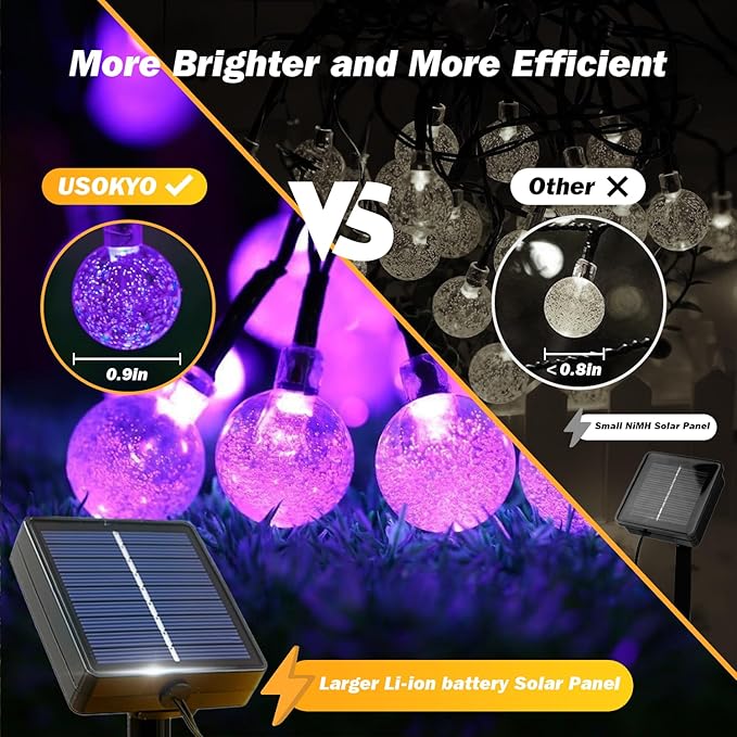Solar Lights Outdoor Waterproof, 2 Pack Total 120LED 72FT Solar String Lights for Outside with 8 Modes, Outdoor String Lights Crystal Globe Patio Lights for Garden Yard Party Decor (Purple)