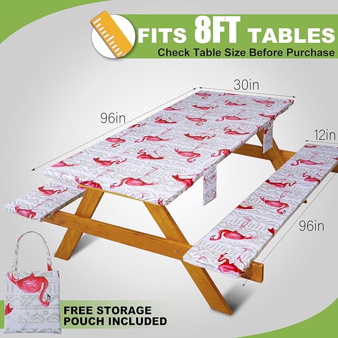 Picnic Table Cover with Bench Covers Vinyl Elastic Edges Fitted Rectangle Tables Seat Waterproof 3-Piece 96X30in Set Outdoor Rectangular Folding Backing Tablecloth for Camping Over Size White Flamingo